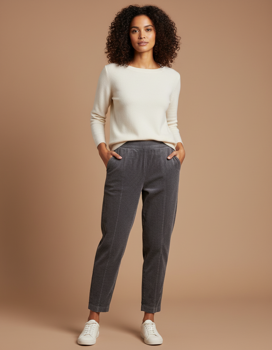 Pantalon Velours Côtelé Gris Taille Haute Décontracté Femme - Cordé