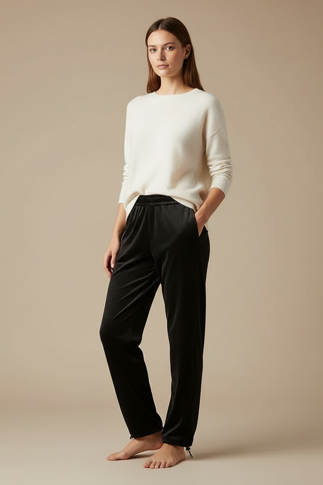 Pantalon Velours Noir Fluide Élégant Femme