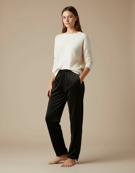 Pantalon Velours Noir Fluide Élégant Femme