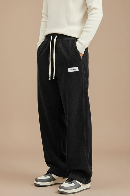 Pantalon Velours Noir Côtelé Ample Décontracté Homme