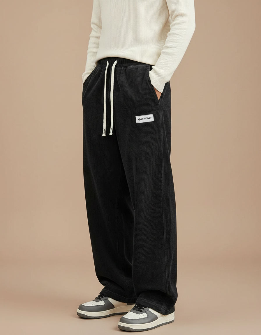 Pantalon Velours Noir Côtelé Ample Décontracté Homme