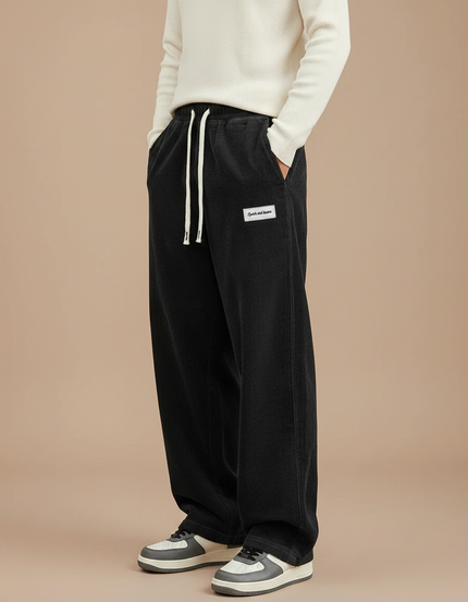 Pantalon Velours Noir Côtelé Ample Décontracté Homme