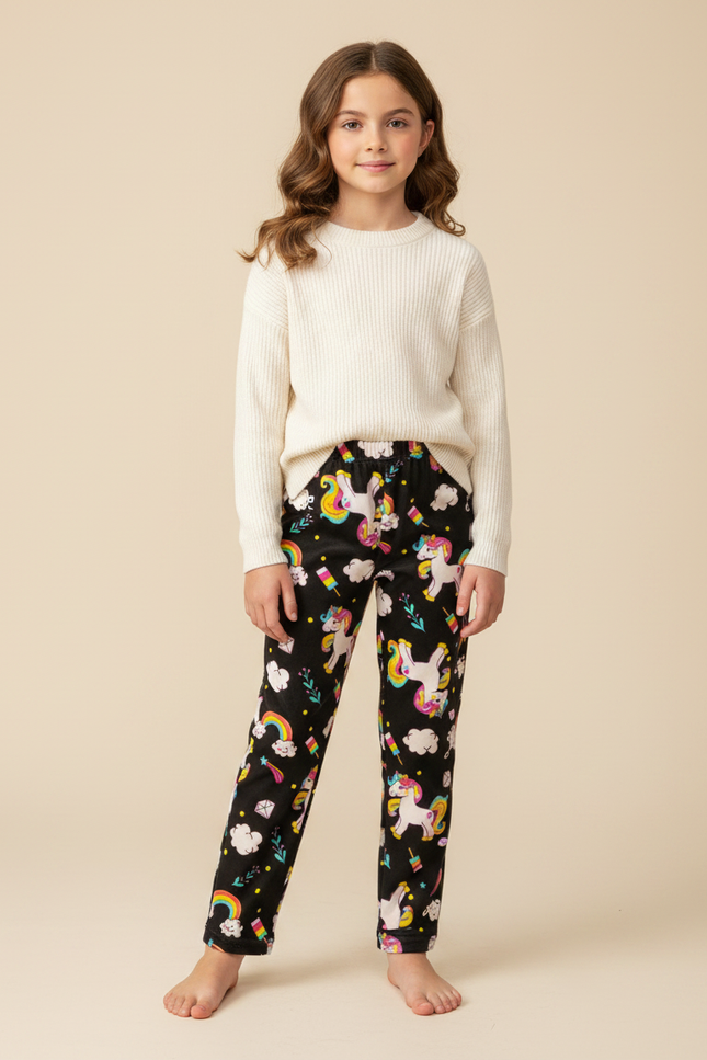 Pantalon Velours Noir Licorne Arc-en-ciel Fille Doux - Imprimé