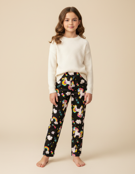 Pantalon Velours Noir Licorne Arc-en-ciel Fille Doux - Imprimé