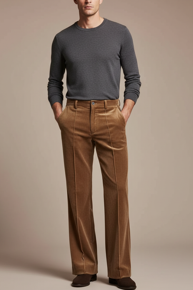 Pantalon Velours Marron Côtelé Évasé Homme Élégant - Cordé