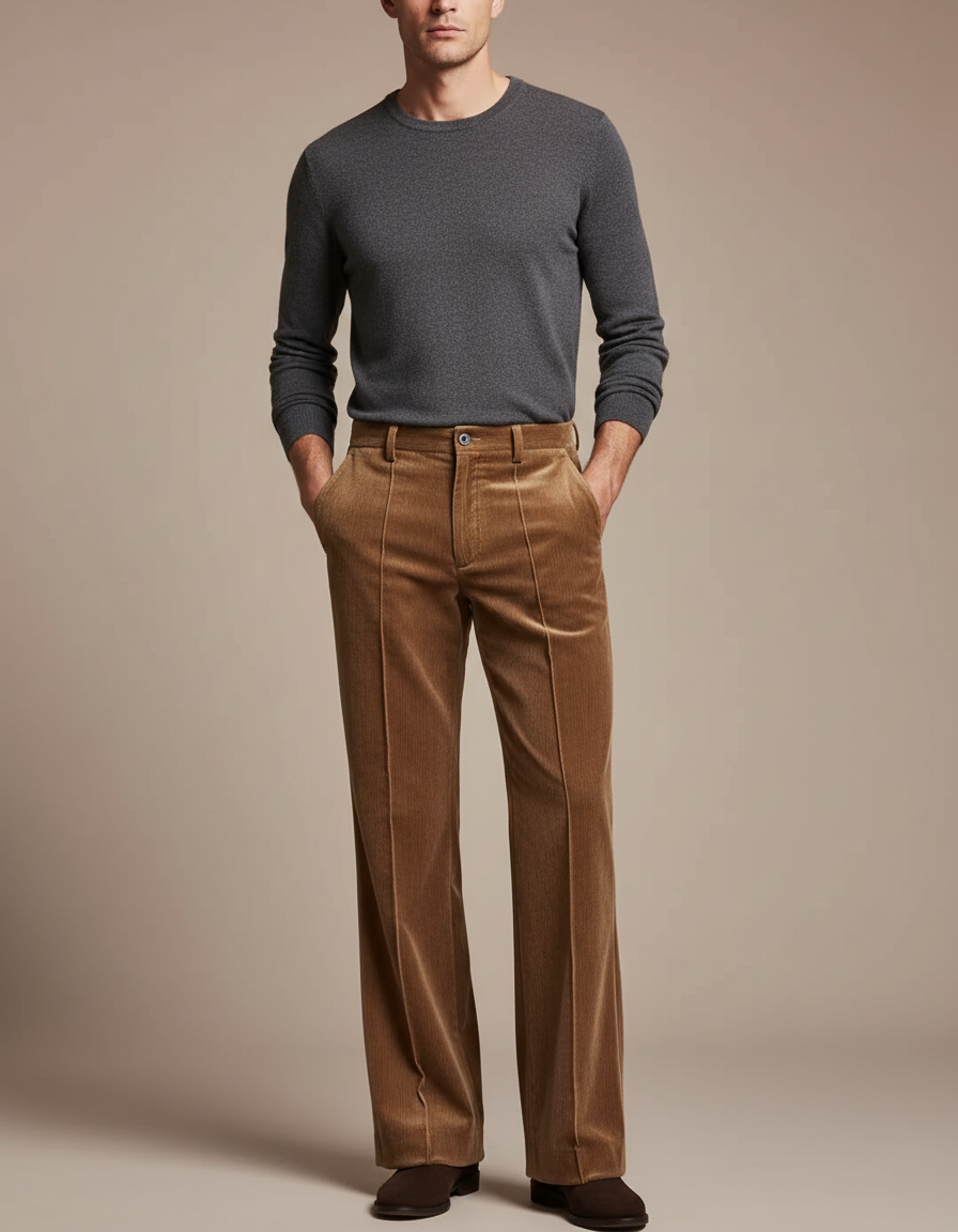 Pantalon Velours Marron Côtelé Évasé Homme Élégant - Cordé