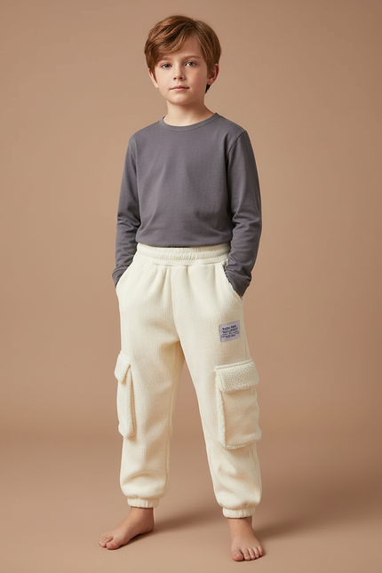 Pantalon Velours Côtelé Écru Doublé Chaud Garçon - Beige