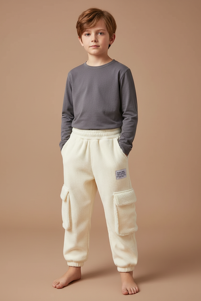 Pantalon Velours Côtelé Écru Doublé Chaud Garçon - Beige
