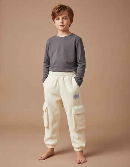 Pantalon Velours Côtelé Écru Doublé Chaud Garçon - Beige