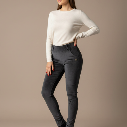 Pantalon Velours Gris Slim Femme Élégant Chaud