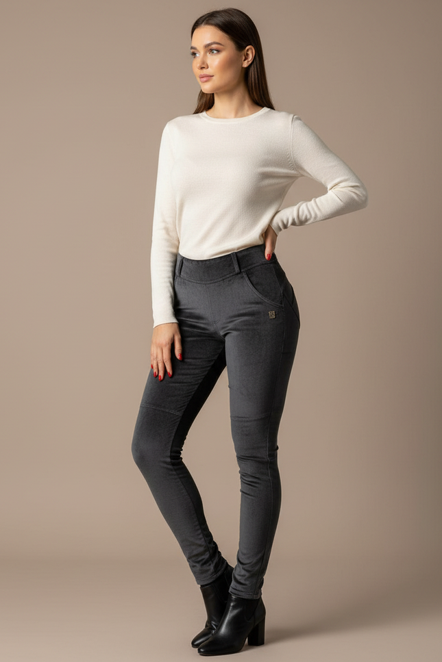 Pantalon Velours Gris Slim Femme Élégant Chaud