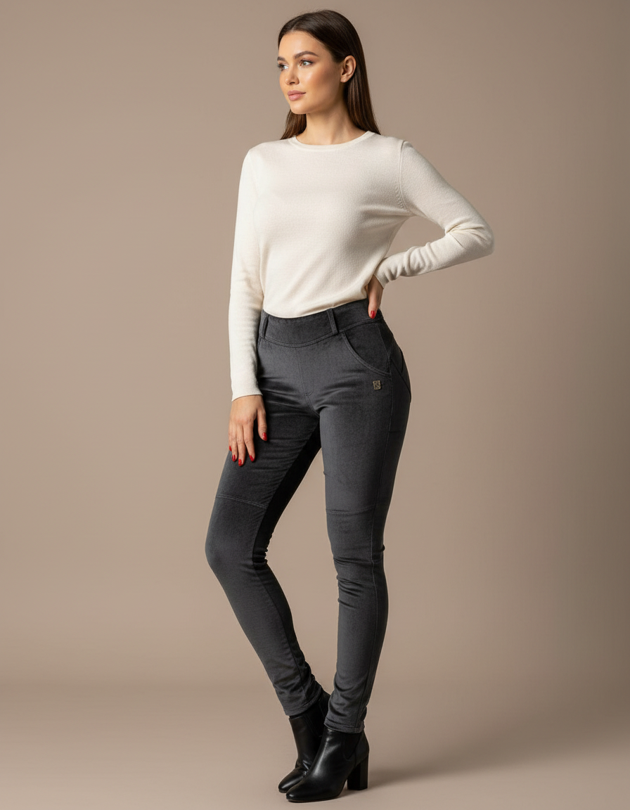 Pantalon Velours Gris Slim Femme Élégant Chaud
