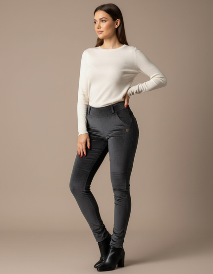 Pantalon Velours Gris Slim Femme Élégant Chaud