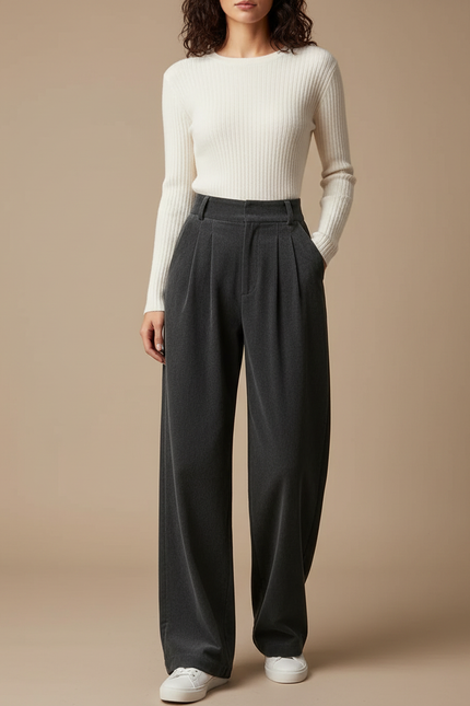 Pantalon Velours Gris Plissé Ample Décontracté Femme