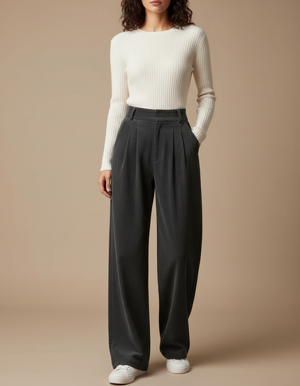 Pantalon Velours Gris Plissé Ample Décontracté Femme
