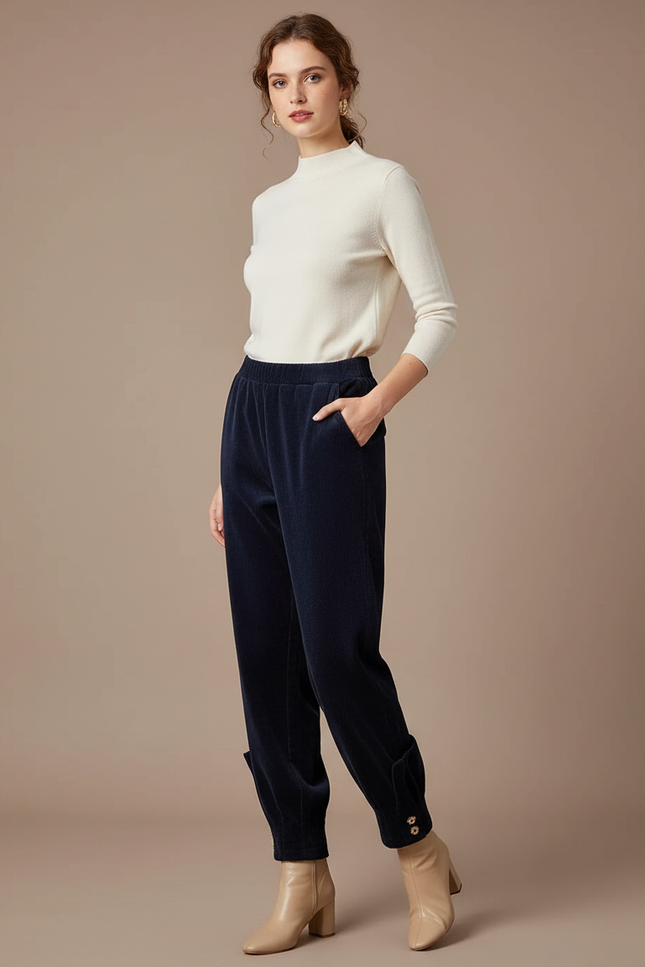 Pantalon Velours Marine Côtelé Harem Élastique Boutons - Cordé