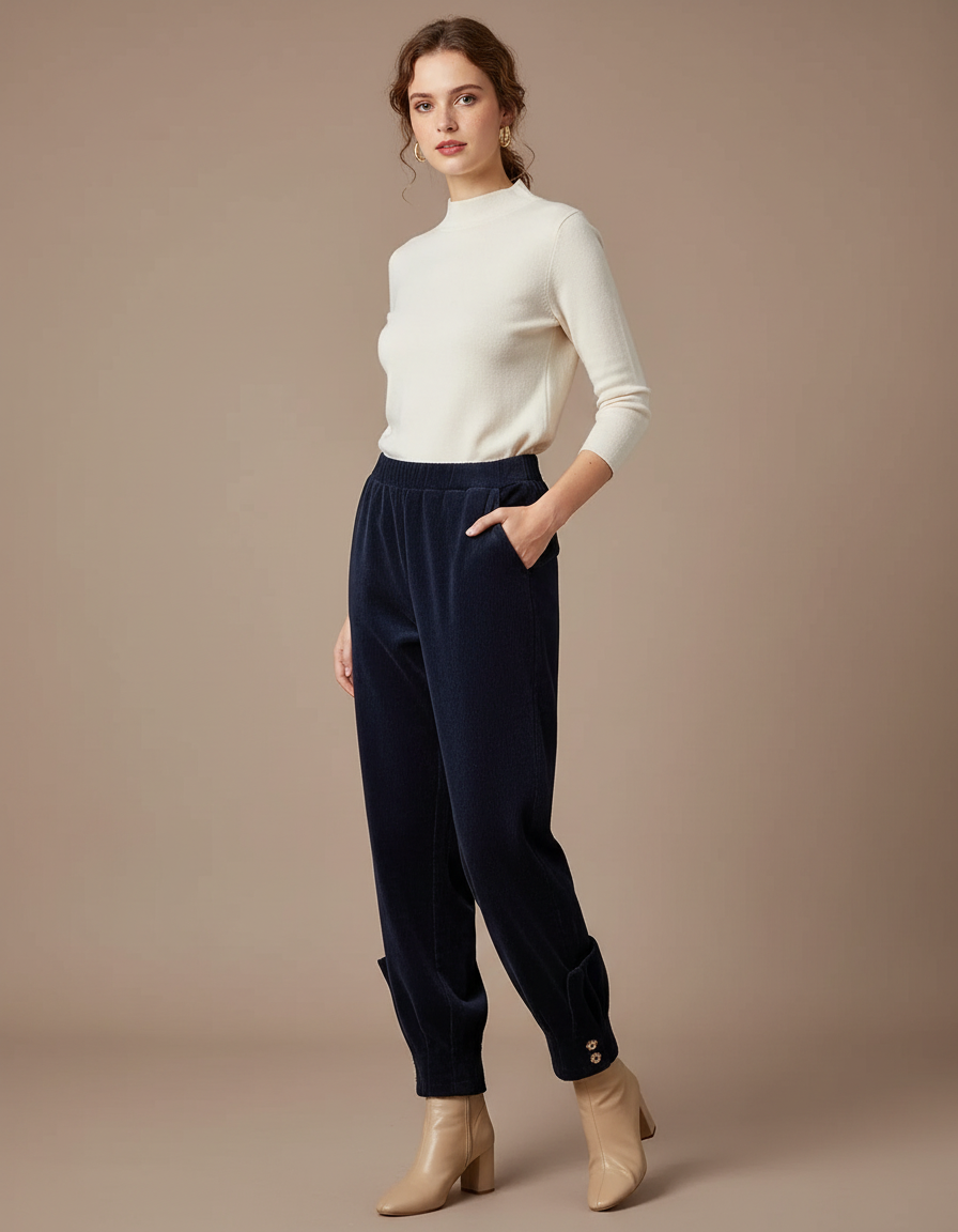 Pantalon Velours Marine Côtelé Harem Élastique Boutons - Cordé