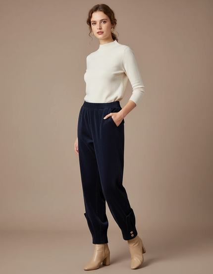 Pantalon Velours Marine Côtelé Harem Élastique Boutons - Cordé