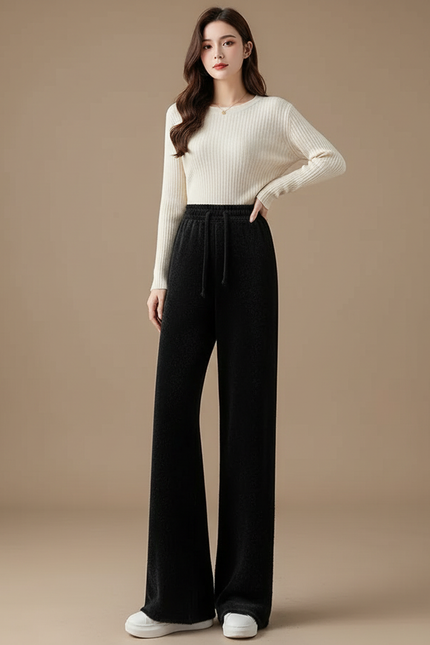 Pantalon Velours Noir Ample Tricoté Cordon Femme
