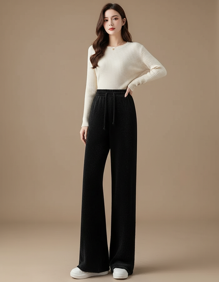 Pantalon Velours Noir Ample Tricoté Cordon Femme