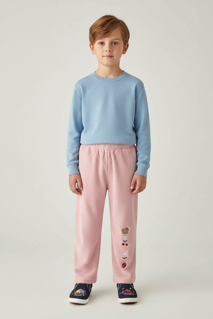 Pantalon Velours Rose Côtelé Brodé Enfant Décontracté - Cordé