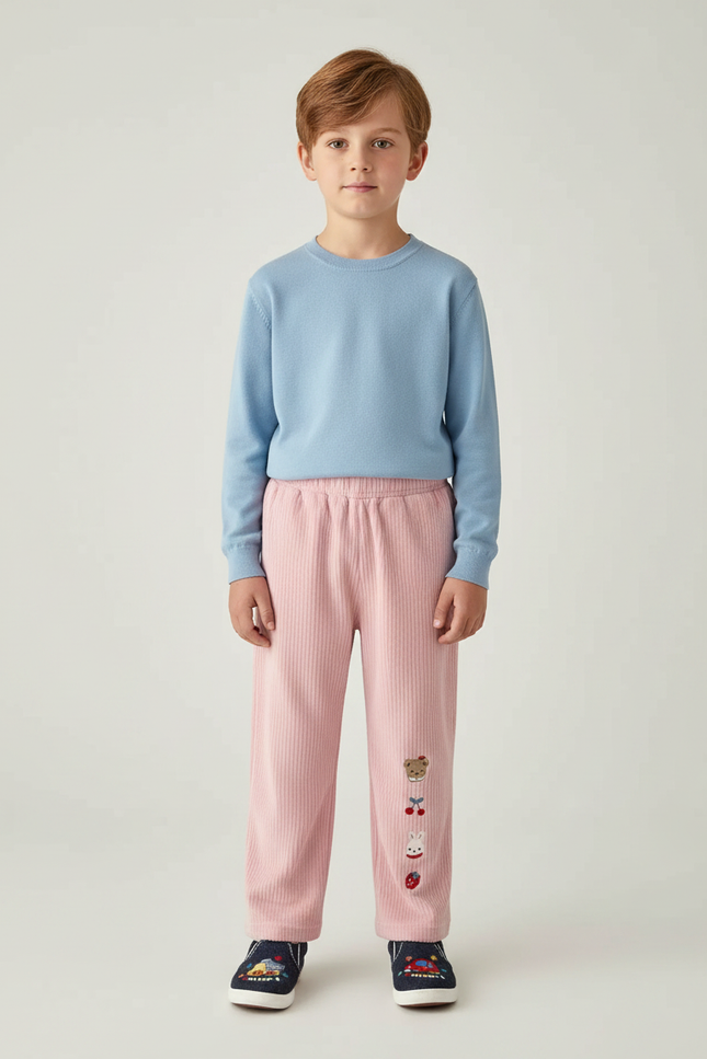 Pantalon Velours Rose Côtelé Brodé Enfant Décontracté - Cordé