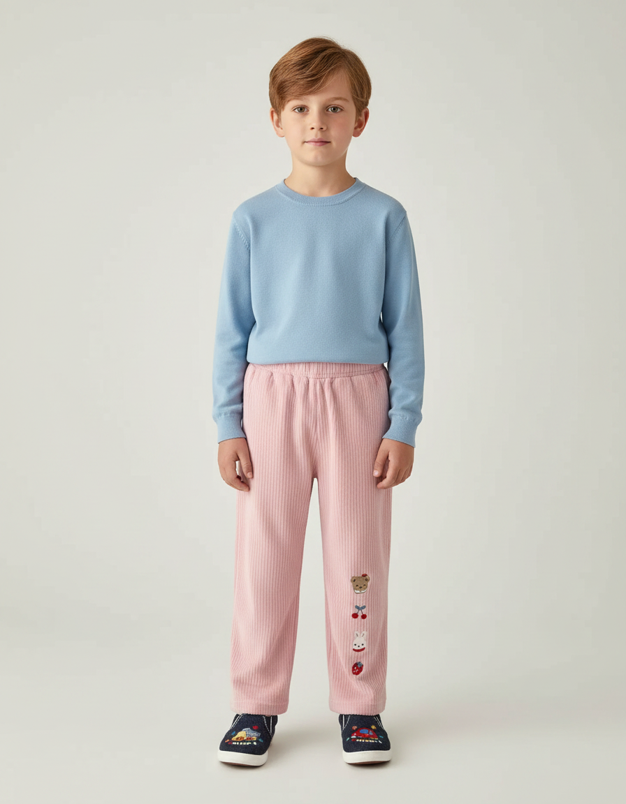 Pantalon Velours Rose Côtelé Brodé Enfant Décontracté - Cordé