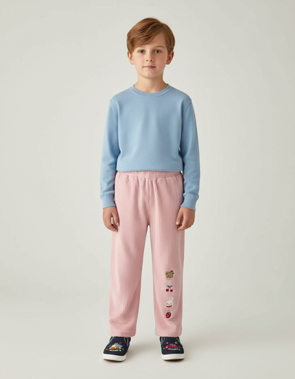 Pantalon Velours Rose Côtelé Brodé Enfant Décontracté - Cordé