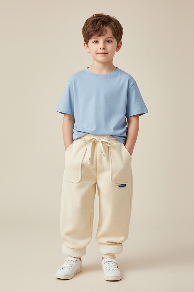 Pantalon Velours Crème Doublé Chaud Décontracté Enfant - Beige Cordé