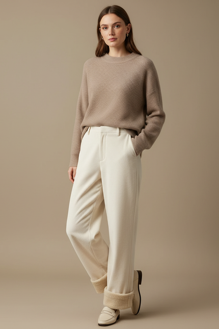 Pantalon Velours Écru Côtelé Large Doublé Moelleux Femme - Beige Cordé