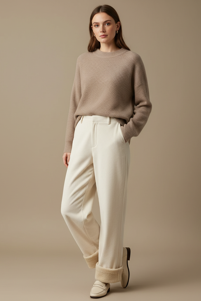 Pantalon Velours Écru Côtelé Large Doublé Moelleux Femme - Beige Cordé