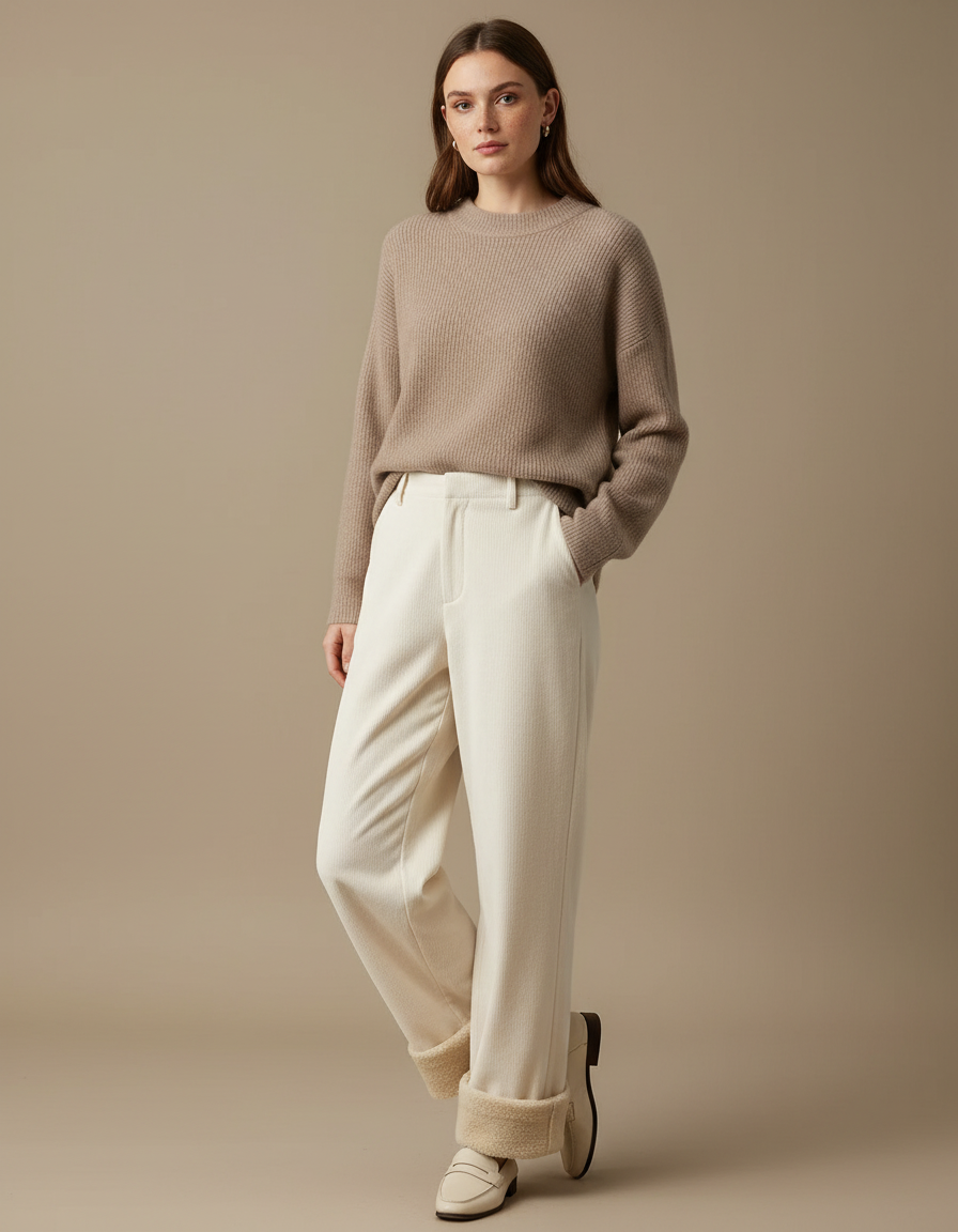 Pantalon Velours Écru Côtelé Large Doublé Moelleux Femme - Beige Cordé