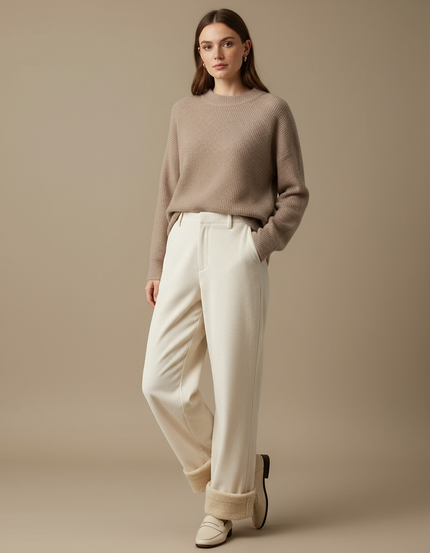 Pantalon Velours Écru Côtelé Large Doublé Moelleux Femme - Beige Cordé