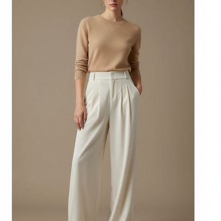 Pantalon Velours Crème Ample Taille Haute Plissé Femme - Blanc