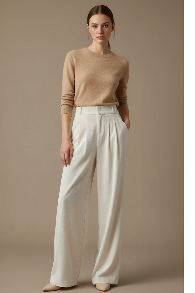 Pantalon Velours Crème Ample Taille Haute Plissé Femme - Blanc