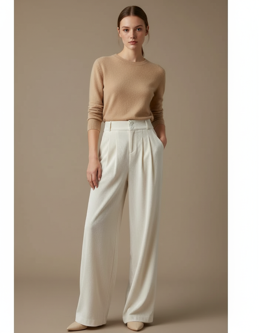 Pantalon Velours Crème Ample Taille Haute Plissé Femme - Blanc