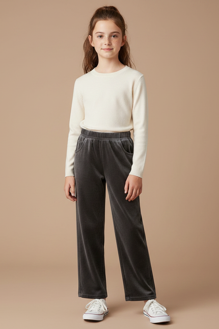 Pantalon Velours Gris Droit Ample Décontracté Enfant