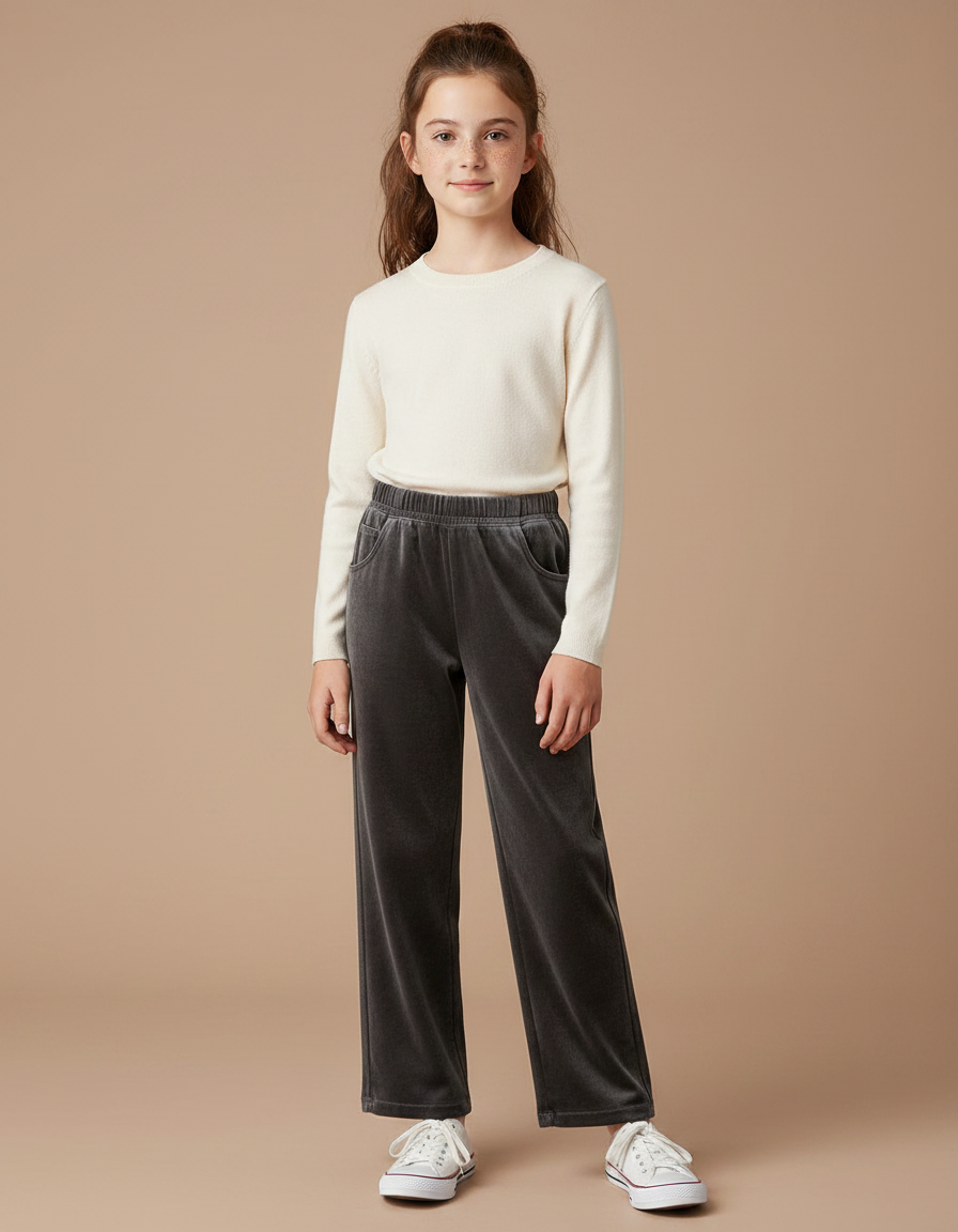Pantalon Velours Gris Droit Ample Décontracté Enfant