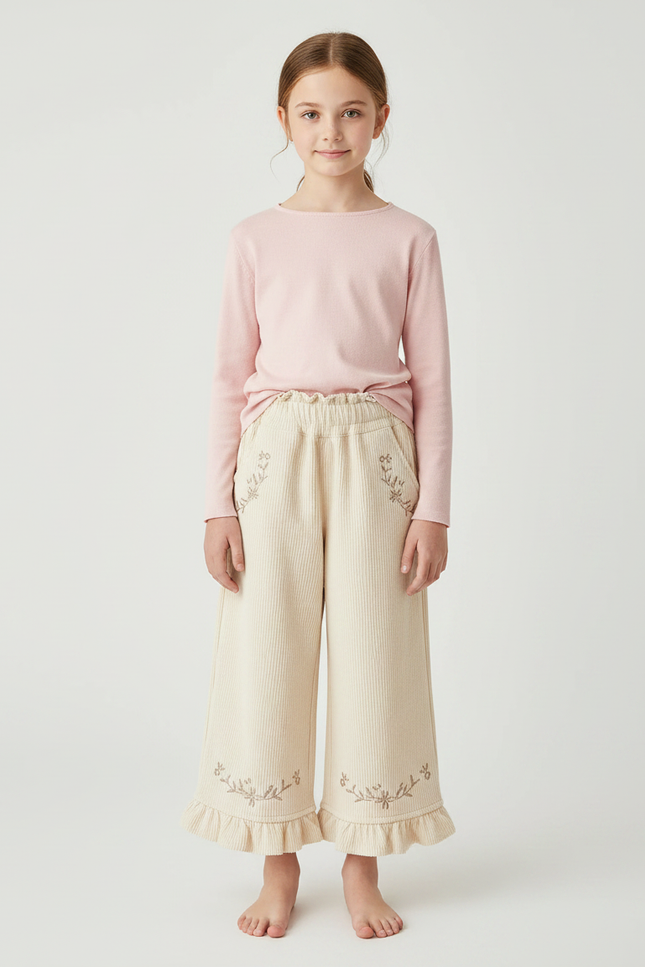 Pantalon Velours Côtelé Écru Brodé Ample Fille - Beige Cordé