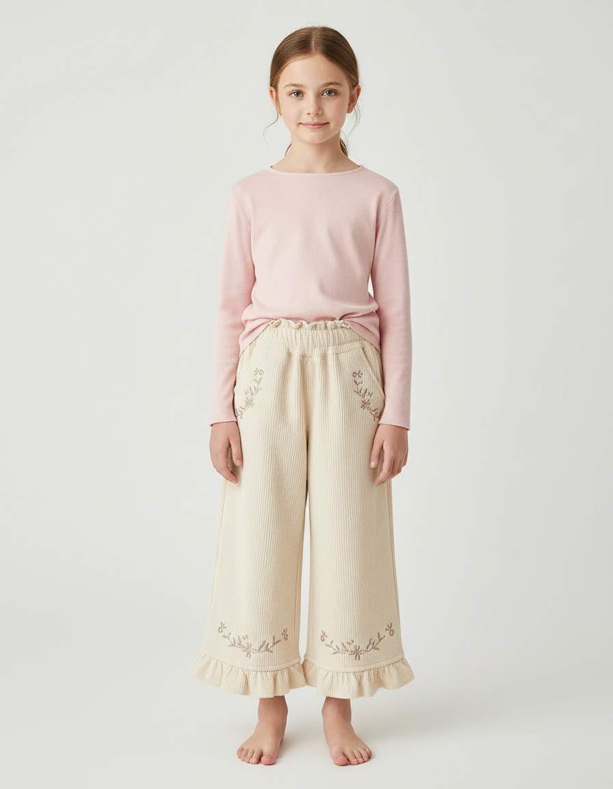 Pantalon Velours Côtelé Écru Brodé Ample Fille - Beige Cordé