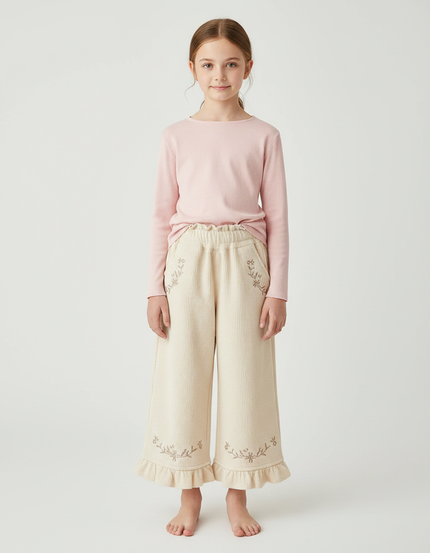 Pantalon Velours Côtelé Écru Brodé Ample Fille - Beige Cordé