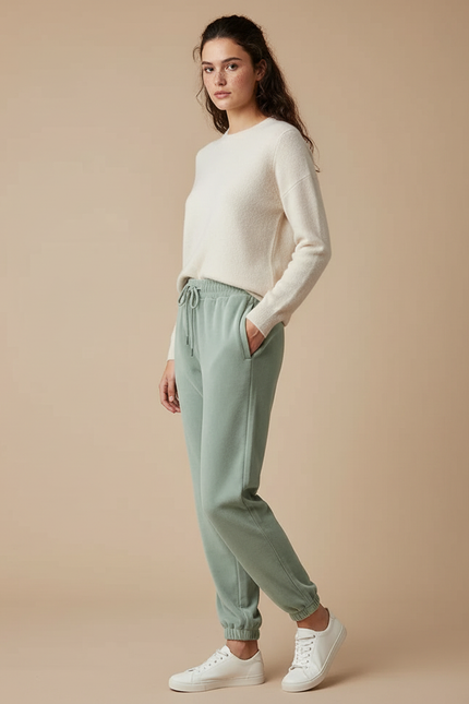 Pantalon Velours Vert Ample Cordon Décontracté - Molleton