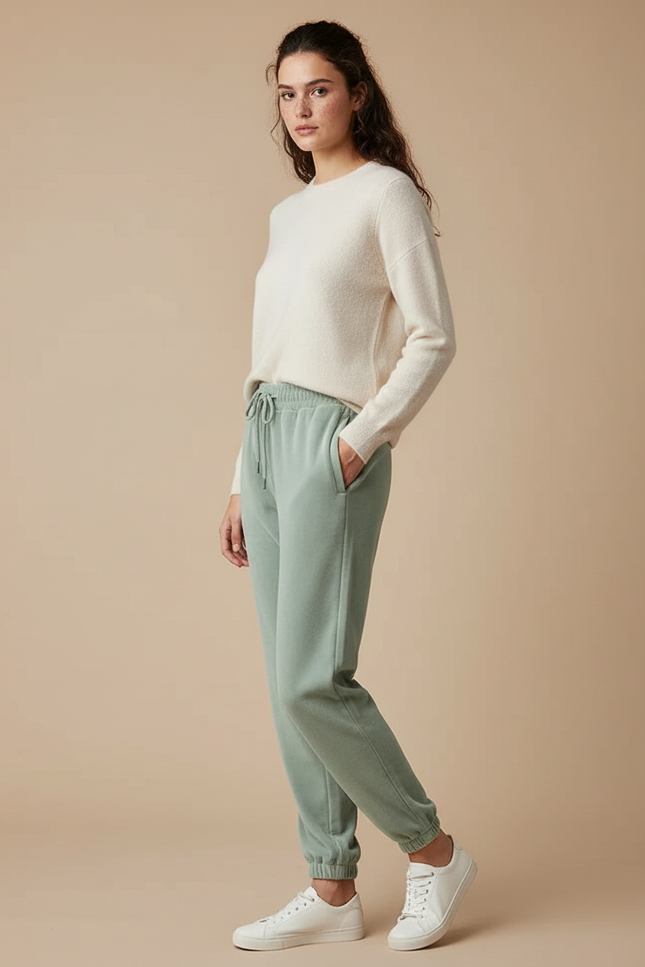 Pantalon Velours Vert Ample Cordon Décontracté - Molleton