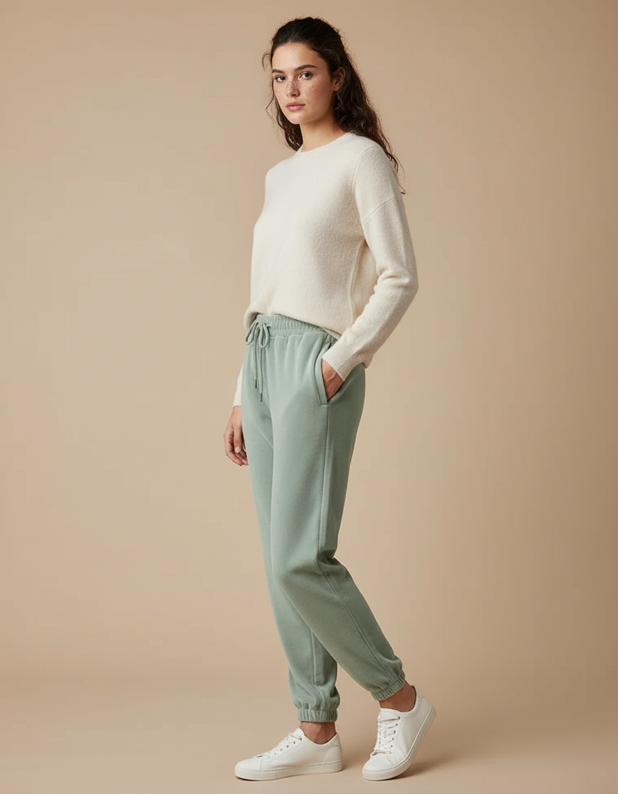 Pantalon Velours Vert Ample Cordon Décontracté - Molleton