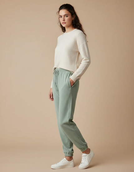 Pantalon Velours Vert Ample Cordon Décontracté - Molleton