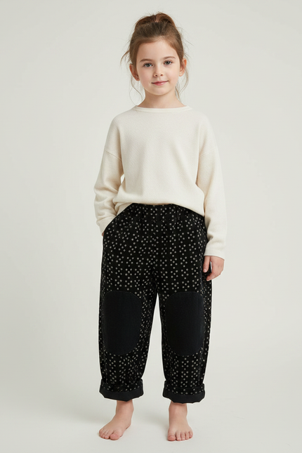 Pantalon Velours Noir Ample Imprimé Genouillères Enfant