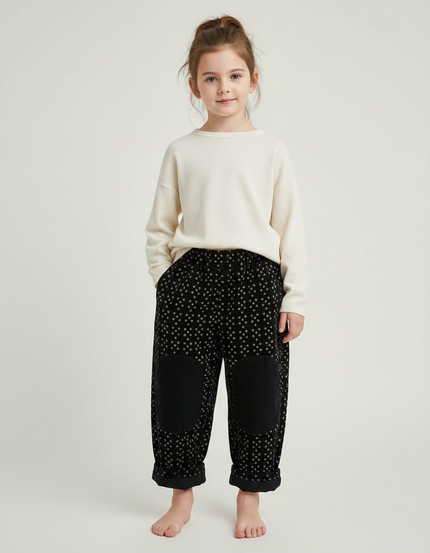 Pantalon Velours Noir Ample Imprimé Genouillères Enfant