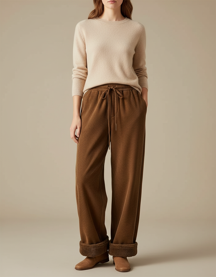 Pantalon Velours Marron Ample Doublé Chaud - Cordé