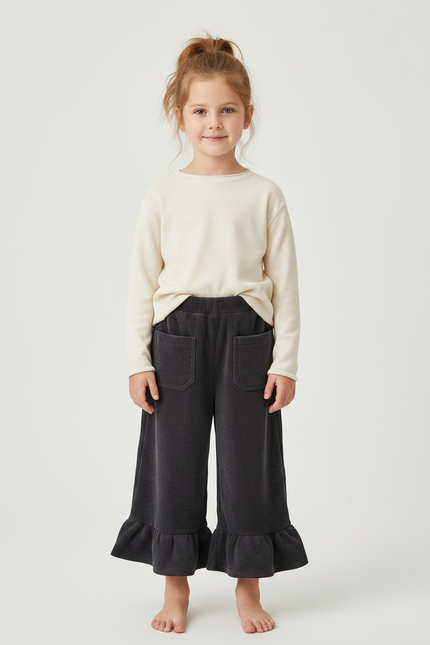 Pantalon Velours Côtelé Ample Volants Fille - Gris Cordé