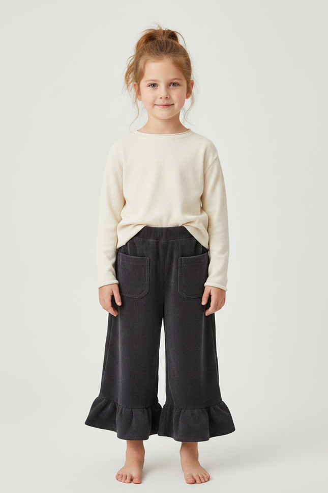 Pantalon Velours Côtelé Ample Volants Fille - Gris Cordé